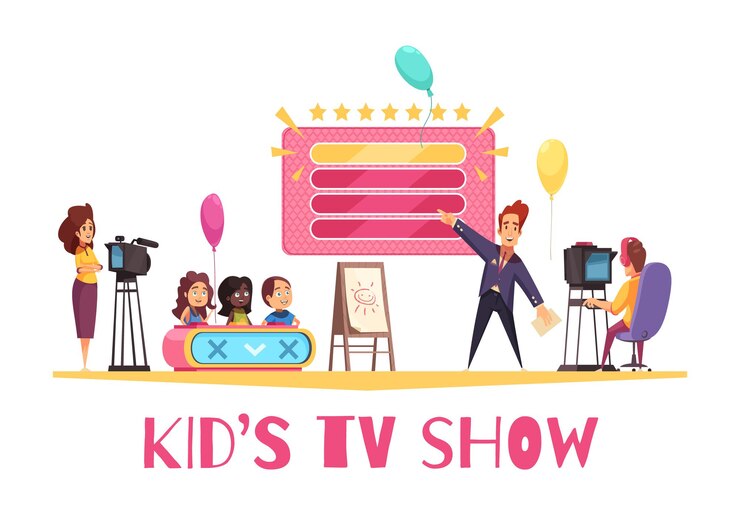 Vecteur des concours de jeux télévisés montrent la composition de dessins animés pour enfants avec un opérateur de présentateur pour enfants dans une illustration de studio de télévision