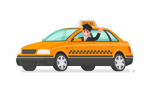 Vecteur le conducteur conduit une voiture de taxi. illustration de la cabine jaune