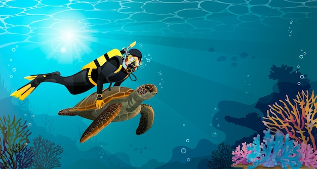 Un Conducteur Avec Un équipement De Plongée Nage Avec Une Tortue Sauvage Dans Un Récif De Corail Bannière De Paysage Marin Avec Un Homme Tenant Une Carapace De Tortue Les Rayons Du Soleil Illuminent L'espace Sous L'eau Illustration Vectorielle