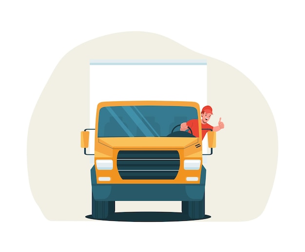 Un conducteur joyeux montrant les pouces en l'air en conduisant un camion à boîtes Illustration vectorielle en vue avant