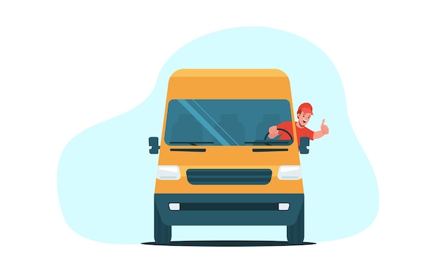Un conducteur joyeux montrant les pouces en l'air en conduisant une fourgonnette de fret Illustration vectorielle en vue avant