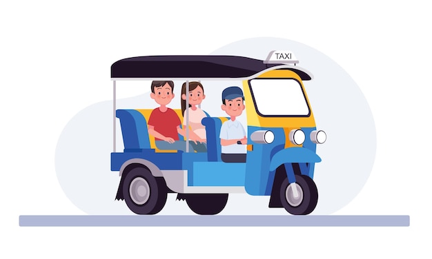 Vecteur conducteur et passager d'un tuktuk à trois roues