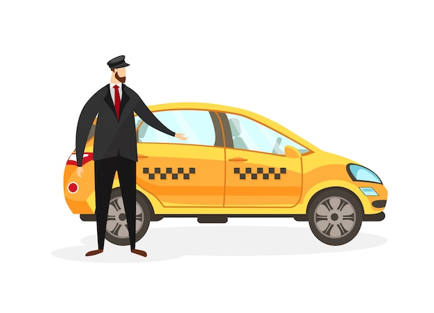 Vecteur conducteur de taxi barbu près de voiture jaune clip art