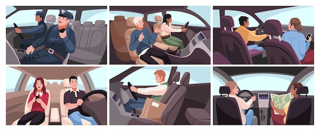 Conducteurs et passagers dans les intérieurs des voitures Personnes dans les voitures privées Officiers de police dans les véhicules d'entreprise Service de livraison Intérieur de l'automobile Vue latérale différente Set vectoriel plat ordonné de dessin animé
