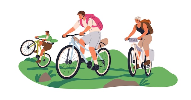 Conduite en famille à vélo Voyage actif Vacances Maman papa Enfants touristes à vélo En plein air Activité saine Aventure sportive à vélo Illustration vectorielle plate isolée sur fond blanc