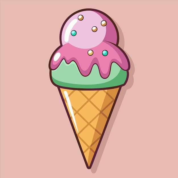 un cône de crème glacée rose avec de la glace verte et des perles bleues