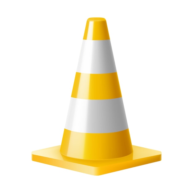 Cone de route en plastique jaune Cone de circulation à rayures blanches isolé sur fond blanc Sécurité de la circulation