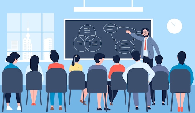 Conférence enseignement entreprise conférenciers cours ou programme présentation de conférence d'affaires Étudiants de l'école salle de classe ou salle récente leçon vectorielle d'illustration de conférencier d'entreprise de formation