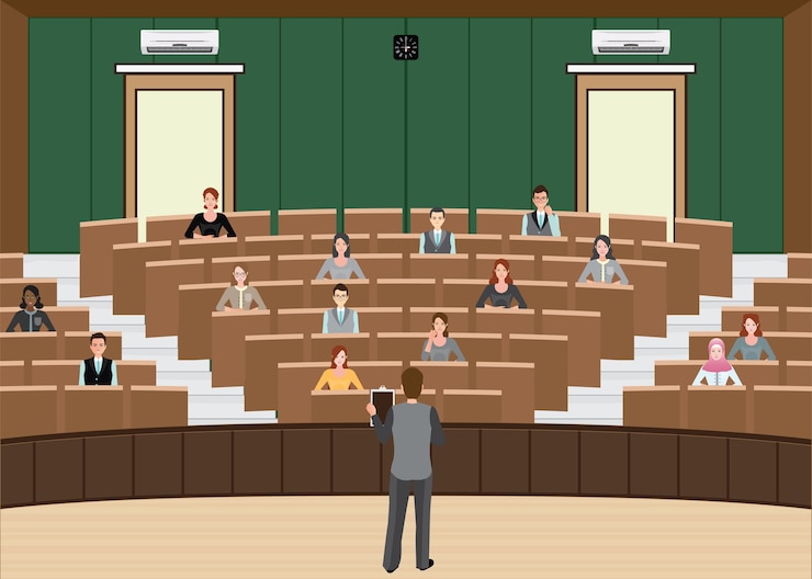 Vecteur conférence d&#39;homme d&#39;affaires ou présentation à la salle de conférence du public