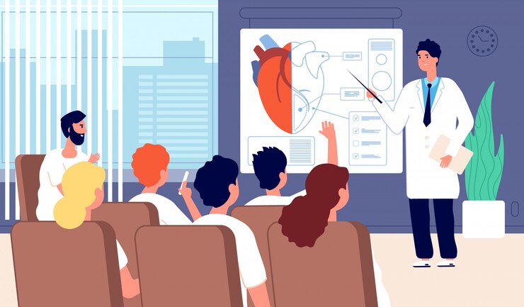 Vecteur conférence médicale. médecin montrant le cœur, la formation des médecins. conférence, séminaire pour étudiants. concept de réunion de chirurgie cardiaque