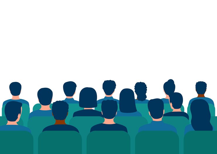 Vecteur conférence avec public dans le hall personnes spectateurs vue arrière étudiants sur l'enseignement magistral