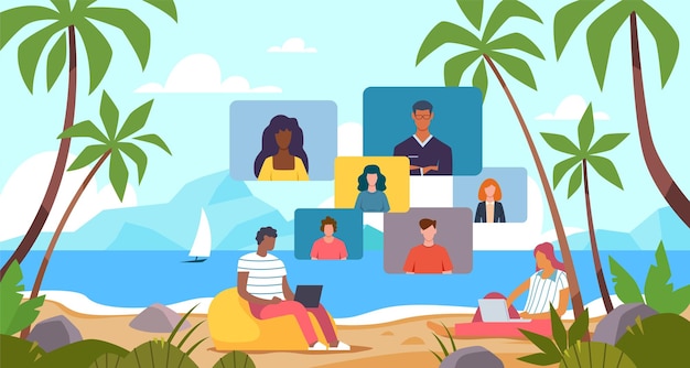 Vecteur conférence téléphonique à distance freelance homme et femme travaillant avec des ordinateurs portables sur la plage vacances et chat en ligne avec des amis communication vidéo les pigistes parlent à des collègues concept vectoriel