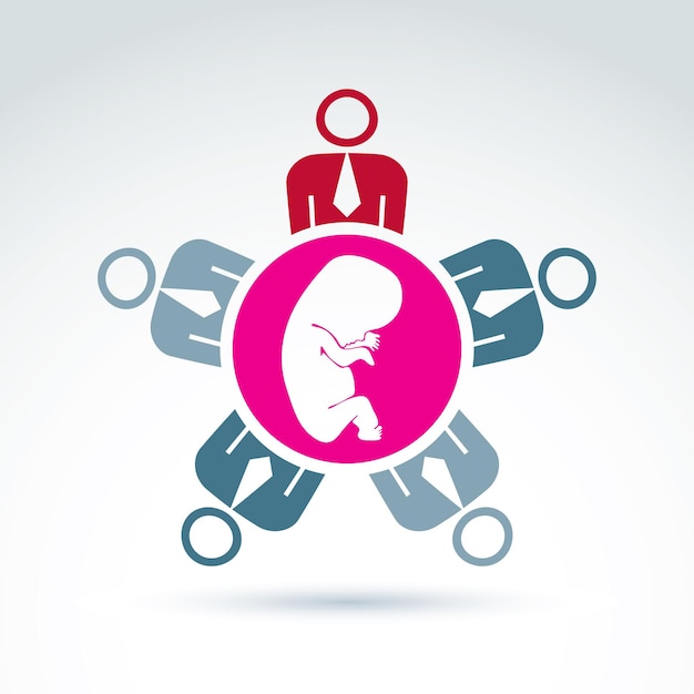 Vecteur conférence sur le thème de la grossesse et de l'avortement, symbole de l'embryon de bébé. groupe de personnes coopérant - association pour la protection des bébés. illustration vectorielle d'une réunion d'équipe.