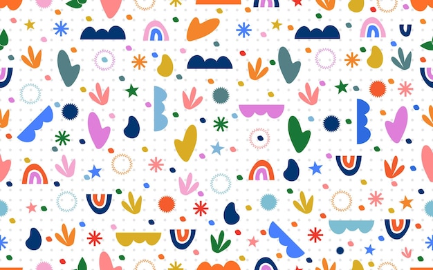 Des confettis abstraits et colorés, des motifs sans couture, des formes colorées et enfantines, amusantes et optimistes, à la main libre.