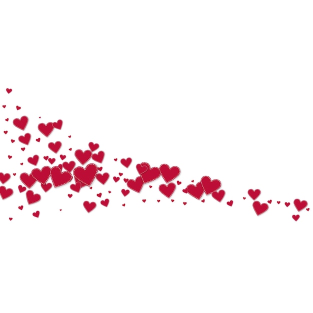 Vecteur confettis d'amour coeur rouge. fond dramatique de la comète de la saint-valentin. chute de confettis de coeurs en papier cousus sur fond blanc. illustration vectorielle délicate.