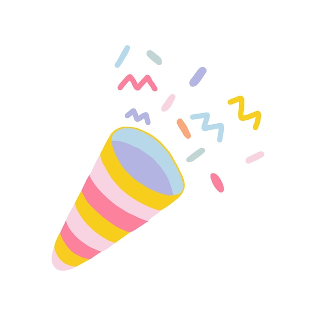 Des confettis colorés jaillissent d'un pétard de fête sur un fond blanc