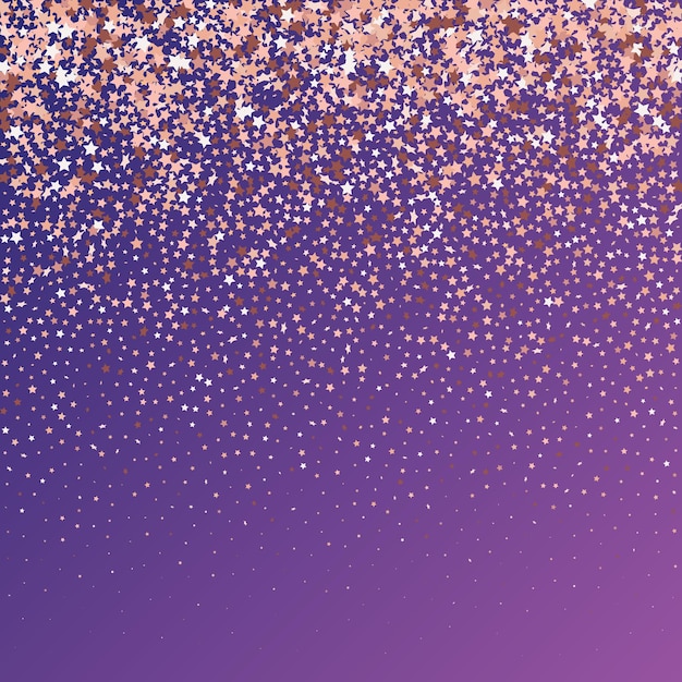 Vecteur confettis à paillettes étoiles sur fond violet néon. modèle de carte-cadeau de bon. paillettes d'or de vecteur. chute de particules sur le sol. carte d'anniversaire plate isolée. bannière d'étoiles d'or. cadre de fête de noël.