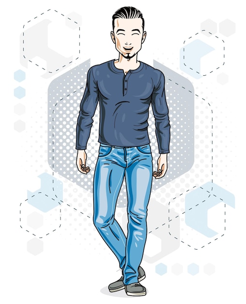 Vecteur confiant beau jeune homme brun debout. illustration vectorielle d'un homme avec barbe portant des vêtements décontractés, un pantalon en jean et une chemise en coton.