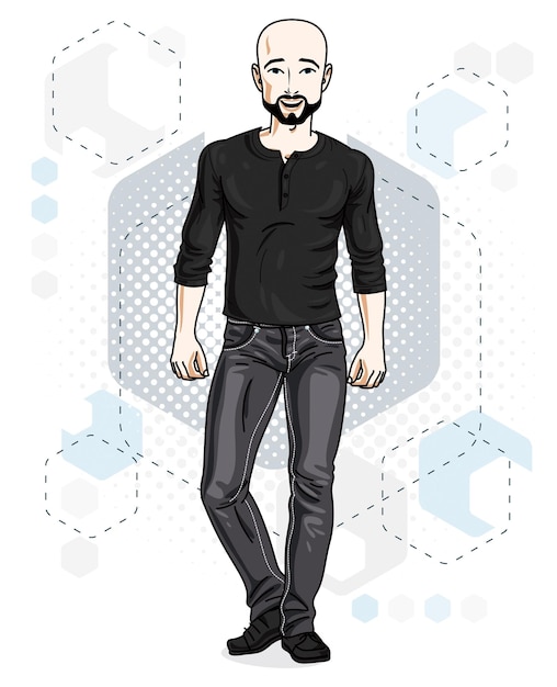 Confiant beau jeune homme sans poils debout. Illustration vectorielle d'homme avec barbe et moustaches portant des vêtements décontractés, pantalons jeans.