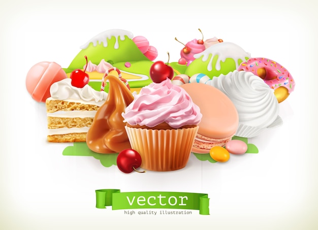 Vecteur confiserie. confiserie et desserts, gâteaux, cupcakes, bonbons, caramel. illustration vectorielle 3d