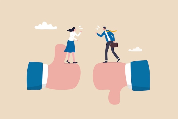 Conflit et argument entre collègues controverse ou différence d'opinion en désaccord confrontation ou rivalité concept de combat homme d'affaires et femme furieux se disputant sur la différence pouce de haut en bas