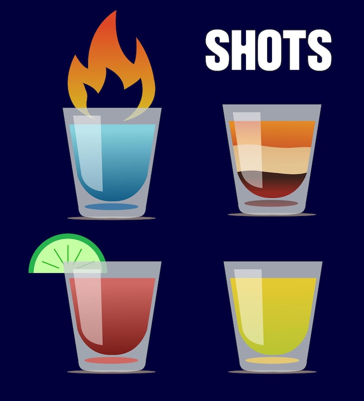 Vecteur conjunto de shots de colores diferentes sobre fondo azul oscuro