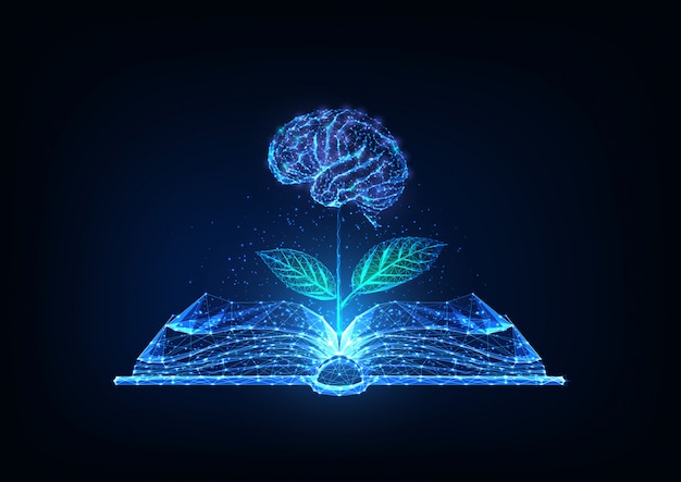 Connaissances Futuristes, éducation, Concept De Créativité Avec Livre Ouvert Polygonal Bas Brillant Et Plat Avec Cerveau Comme Fleur