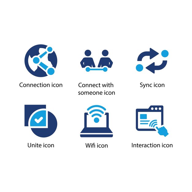 Connexion avec quelqu'un Synchroniser Unifier l'interaction Wifi Set d'icônes bleues