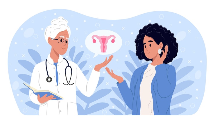 Vecteur conscience de l'endometriose mont le médecin explique les résultats de l'examen gynécologique maladies féminines et prévention de la santé féminine