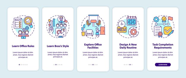 Conseils d'adaptation pour débutants sur l'écran de la page de l'application mobile avec des concepts. Entrer sur le lieu de travail. Responsabilités étapes pas à pas. Illustrations de modèles d'interface utilisateur