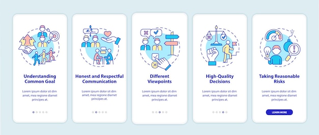 Conseils sur le travail d'équipe lors de l'intégration de l'écran de l'application mobile. Pages d'instructions graphiques en 5 étapes avec des concepts linéaires. Modèle d'interface utilisateur, d'expérience utilisateur et d'interface graphique. Myriad Pro-Bold, Polices régulières utilisées