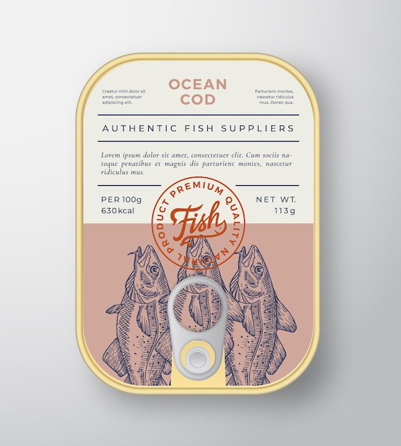 Conserves Ocean Fish Abstract Vector Aluminium Container Packaging Design ou Label Modern Typography Banner Hand Drawn Cod Silhouette with Lettering Logo Color Paper Background Layout