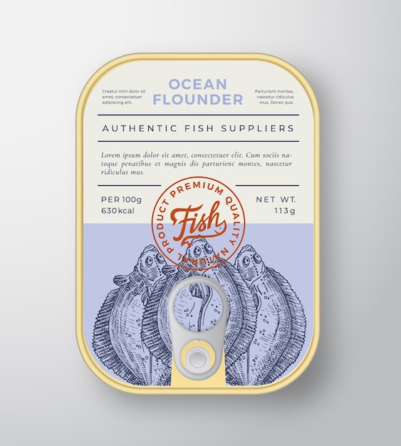 Conserves Ocean Fish Abstract Vector Aluminium Container Packaging Design ou Label Modern Typography Banner Hand Drawn Flatfish Silhouette with Lettering Logo Color Paper Background Layout