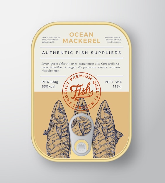Conserves Ocean Fish Abstract Vector Aluminium Container Packaging Design ou Label Modern Typography Banner Hand Drawn Maquereau Silhouette with Lettering Logo Color Paper Background Layout