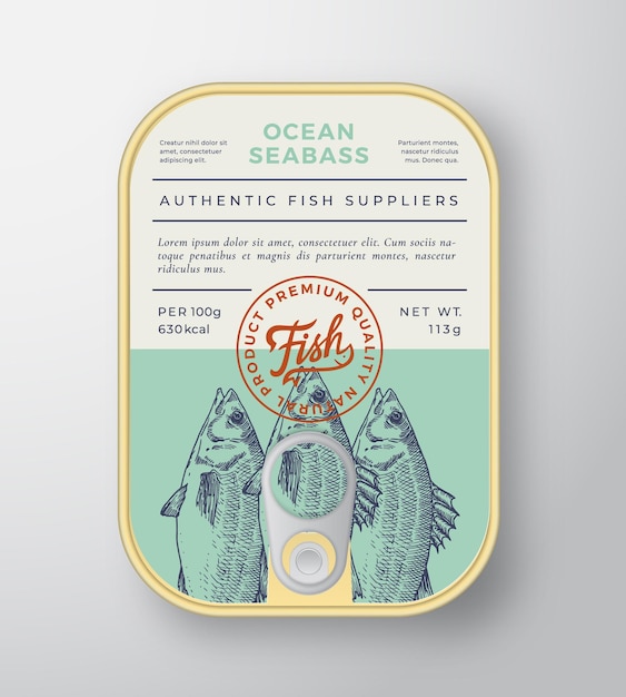 Conserves Ocean Fish Abstract Vector Aluminium Container Packaging Design ou Label Modern Typography Banner Hand Drawn Seabass Silhouette with Lettering Logo Color Paper Background Layout