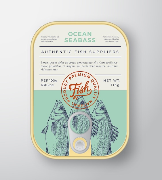 Conserves Ocean Fish Abstract Vector Aluminium Container Packaging Design Ou Label Modern Typography Banner Hand Drawn Seabass Silhouette With Lettering Logo Color Paper Background Layout