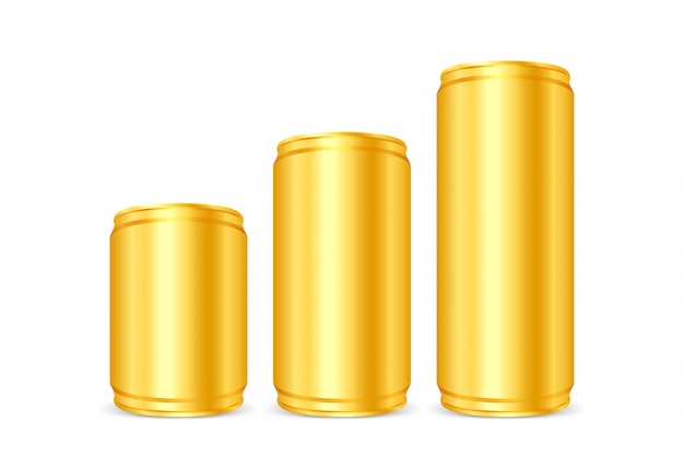 Conserves d&#39;or, boîtes de fer d&#39;or, ensemble de boîtes de bière ou de soda à l&#39;or métallique vierges isolés