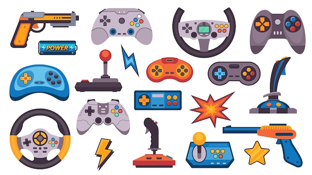 Console de jeu Manette de jeu vidéo moderne Manette de jeu Icônes de dessin animé de roue de pistolet Appareils de jeu rétro filaires plats sans fil pour les joueurs de jeux vidéo Ensemble vectoriel