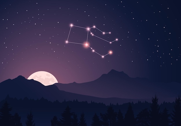 Constellation Pégase En Violet Foncé, Ciel étoilé, Collines Brumeuses, Lune Montante, Forêt Sombre, Montagnes