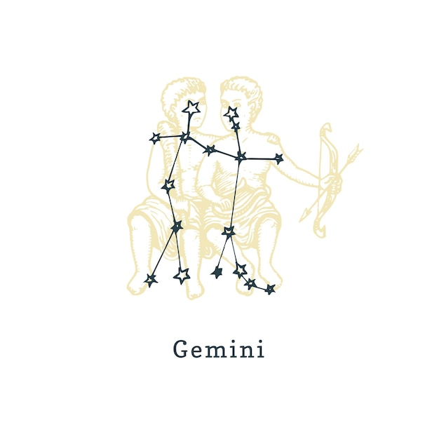 Constellation Zodiacale Des Gémeaux Sur Fond De Symbole Dessiné Dans Le Style De Gravure Illustration Vectorielle Du Signe Jumeaux