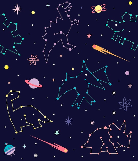 Constellations De Dinosaures Cosmiques Modèle Sans Couture De Vecteur Illustré Mignon