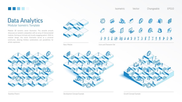 Vecteur constructeur isométrique modulaire d'analyse de données volumineuses jeu de caractères d'icône de ligne de base de modèle sans couture développer la croissance dans les escaliers concept de travail d'équipe plate-forme d'analyse de rapport seo tech