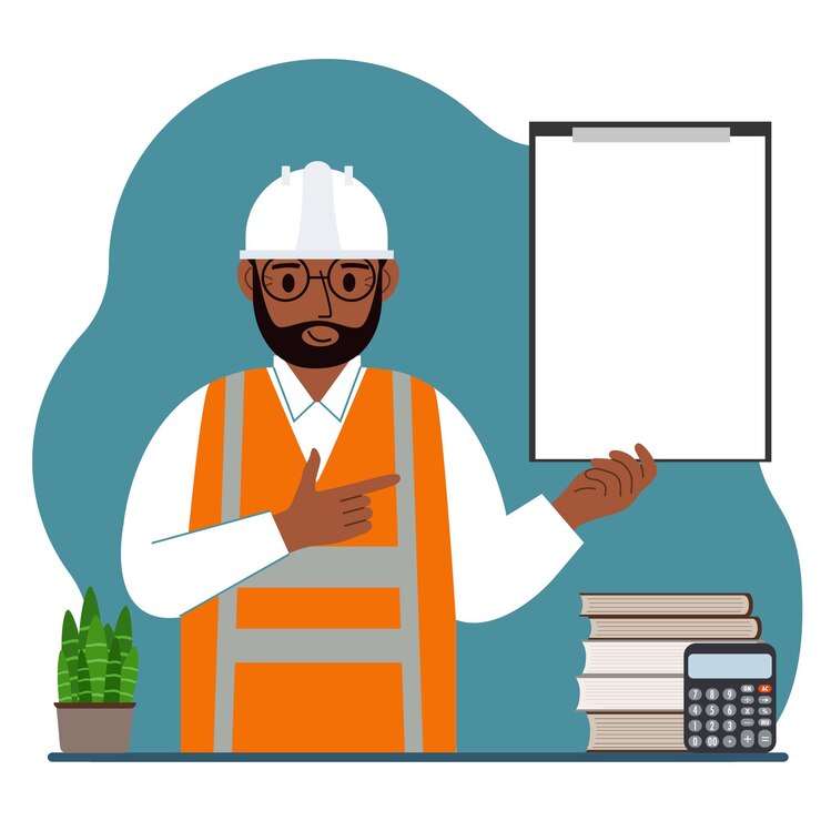 Constructeur masculin dans un casque de protection et un gilet orange. Un homme tient un presse-papiers avec du papier blanc sur lequel il y a une place pour le texte. Illustration plate vectorielle