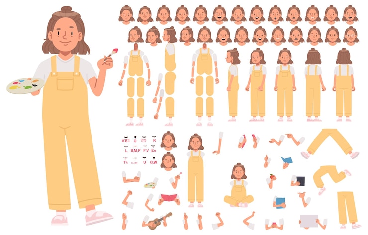 Vecteur le constructeur de personnages de petites filles définit différentes positions des bras, des jambes et du corps animation_ai_generated