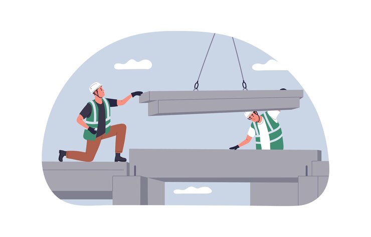 Constructeurs sur chantier Travailler en hauteur avec des blocs de béton Travailleurs construisant la structure de la ville Processus de travail des constructeurs professionnels Illustration vectorielle plane isolée sur fond blanc