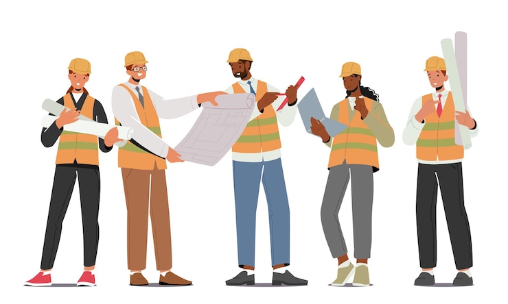 Vecteur constructeurs, ouvriers ingénieurs de construction ou personnages de contremaître dans des casques avec outils et plans. architectes avec plan de maison, employés professionnels de l'architecture. illustration vectorielle de gens de dessin animé