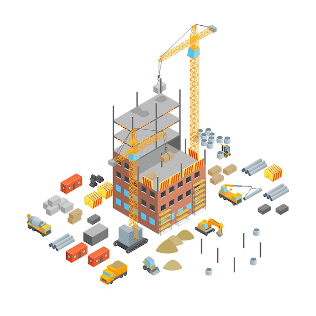 Construction d'un bâtiment à plusieurs étages Concept 3d Vector de vue isométrique