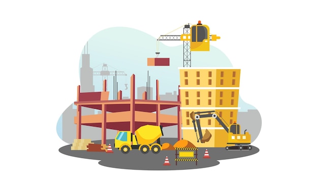 Construction avec grue de construction et illustration d'excavatrice