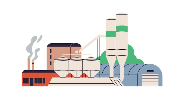 Construction d'installations industrielles. Construction abstraite d'usine d'industrie lourde. Structure de la station pétrolière avec conteneurs, tours avec fumée, tuyaux. Illustration vectorielle plane isolée sur fond blanc