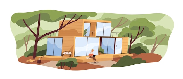 Vecteur construction de maisons modulaires modernes et personne avec ordinateur portable sur un patio en bois. homme à l'extérieur de la maison en bois et en verre dans la nature parmi les arbres en été. illustration vectorielle plane colorée isolée sur fond blanc.